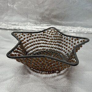 Christmas Star Basket Black Metal Wire Brown Beaded‎ Bread Bowl Centerpiece Boho